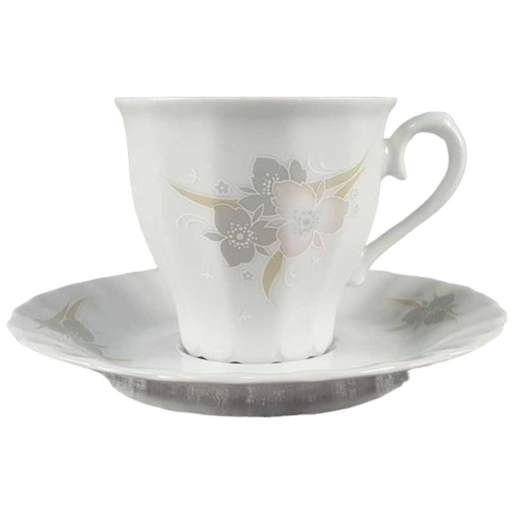 [45817959] Kaffeetasse mit Untertasse Tasse Eschenbach Toledo rosa graue Blüten gebraucht - gut