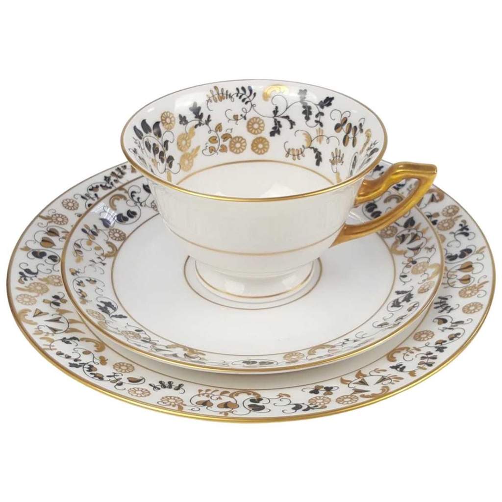[98194] Sammelgedeck 3tlg Roloff Handmalerei schwarz gold Dekor Untertasse Kuchenteller Teetasse gebraucht - sehr gut