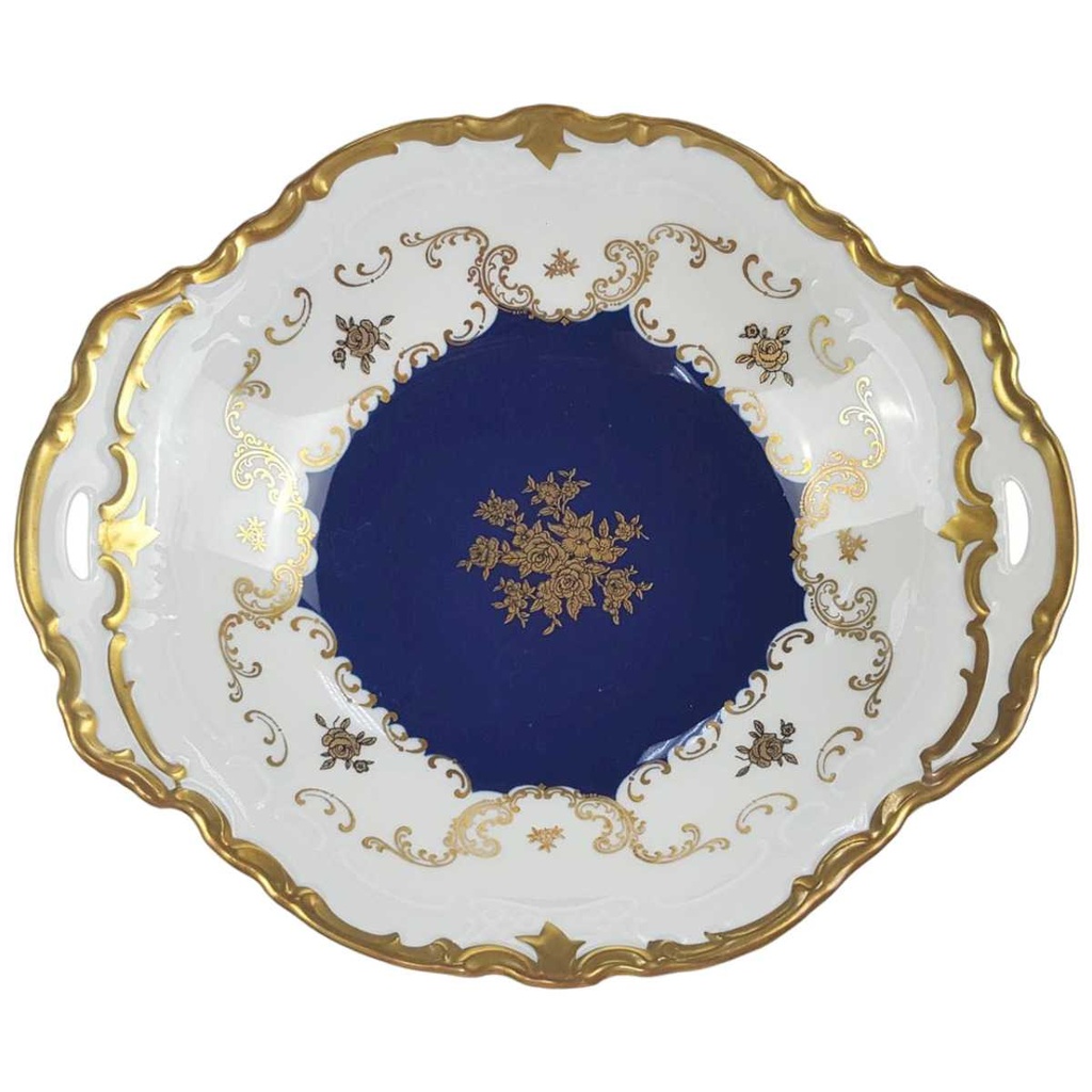 [98197] Schale mit Griffen Konfektschale Goldrand Golddekor Reichenbach Blumendekor Kobaltblau Weiß Blumen Blau gebraucht - sehr gut
