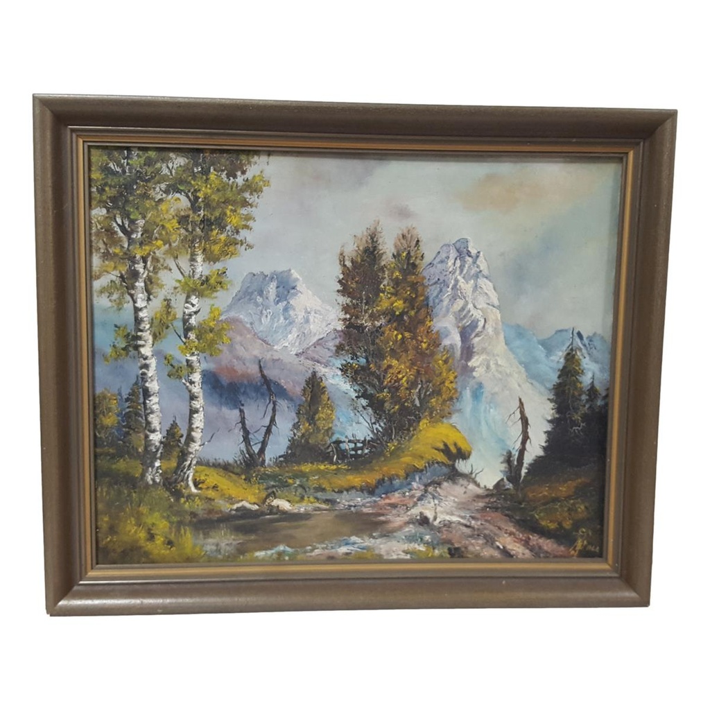 [M45-002-005] Öl Ölgemälde Gemälde Wandbild Ölbild mit Rahmen 68x56x4,5 cm Landschaft Berge