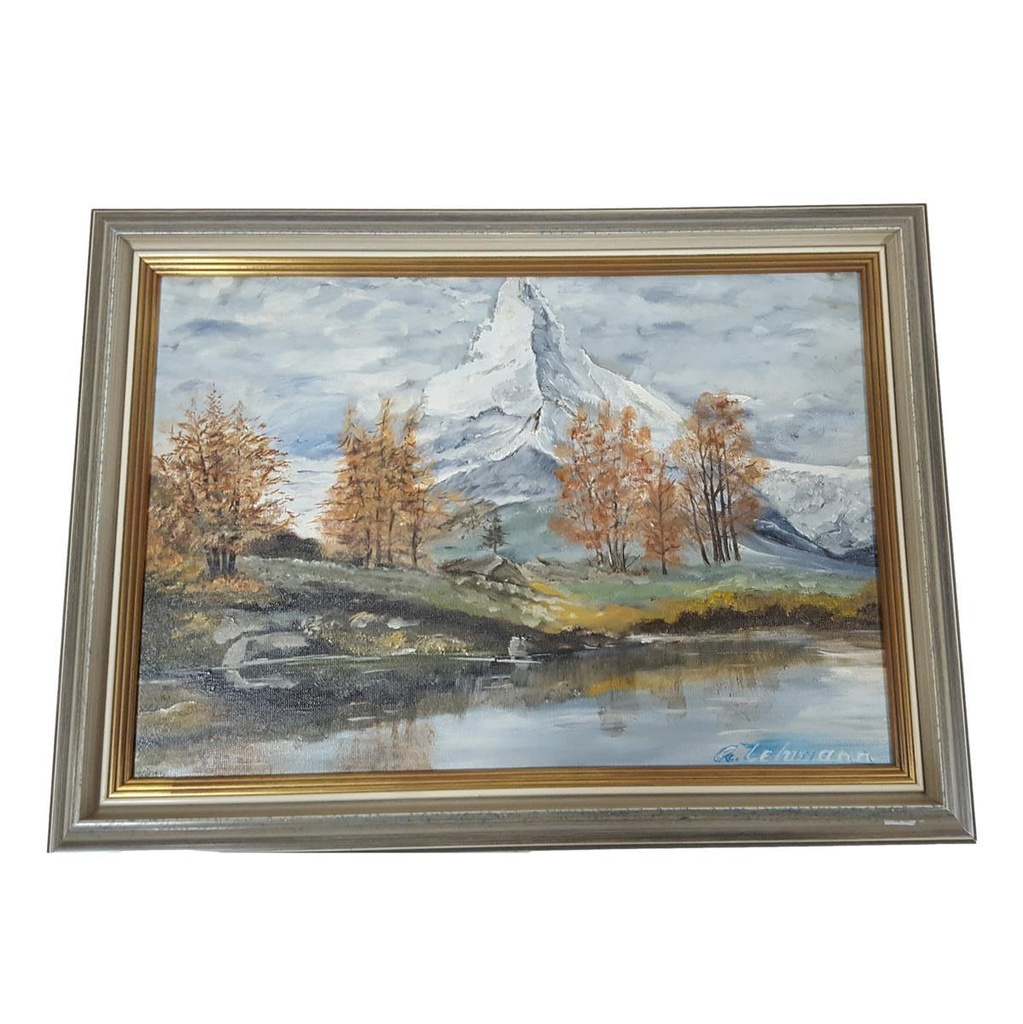 [M45-002-026] Ölgemälde Öl Gemälde Wandbild Ölbild mit Rahmen Landschaft Berge 57,5x42,5 cm
