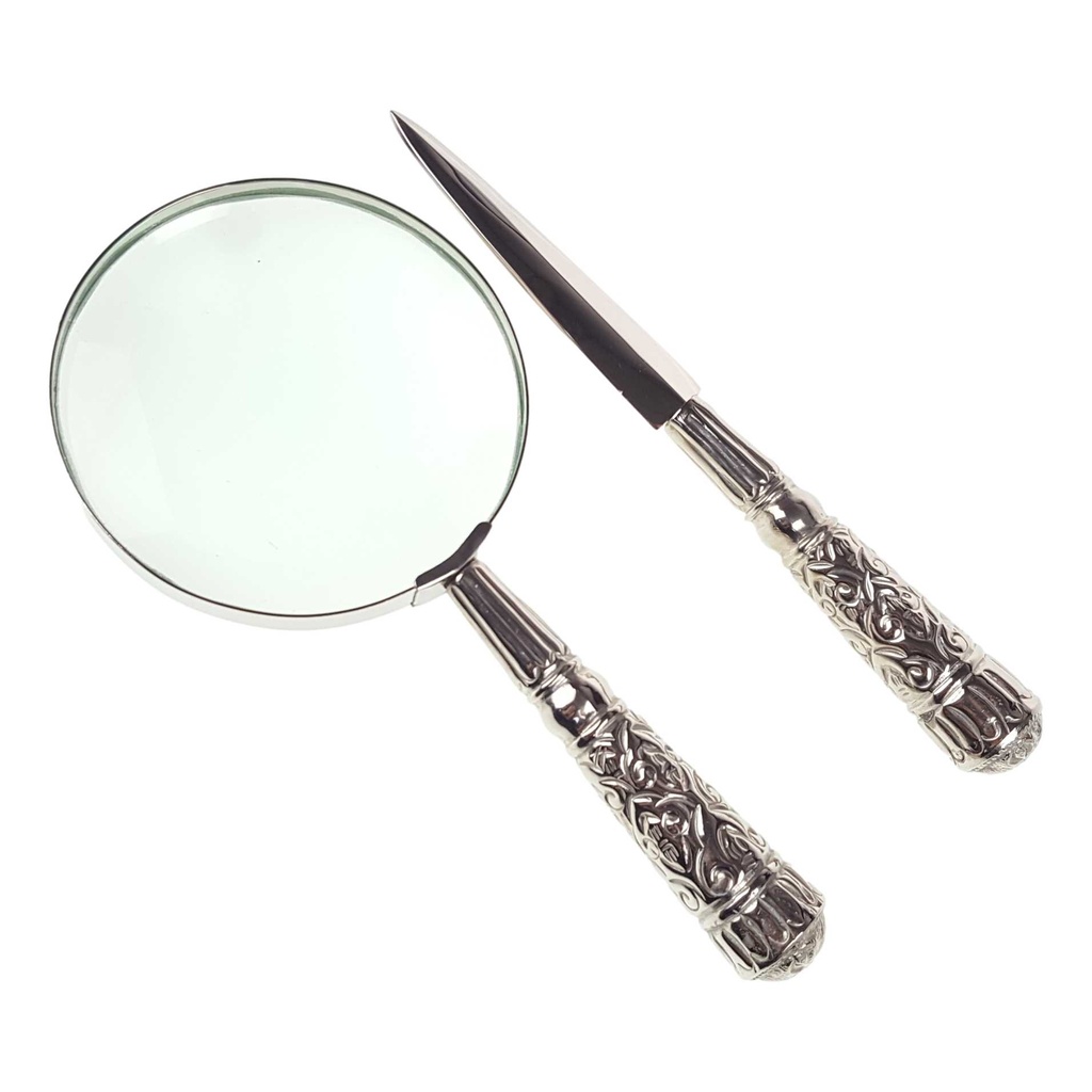 [LA-39781] Leselupe Handlupe Vergrößerungsglas & Brieföffner Glas versilbert Set