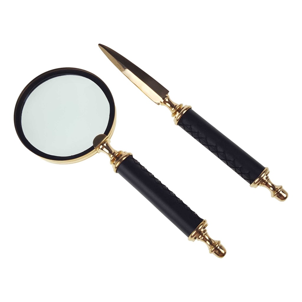 [LA-39823] Brieföffner und Lupe Messing/Leder Set L 26 cm