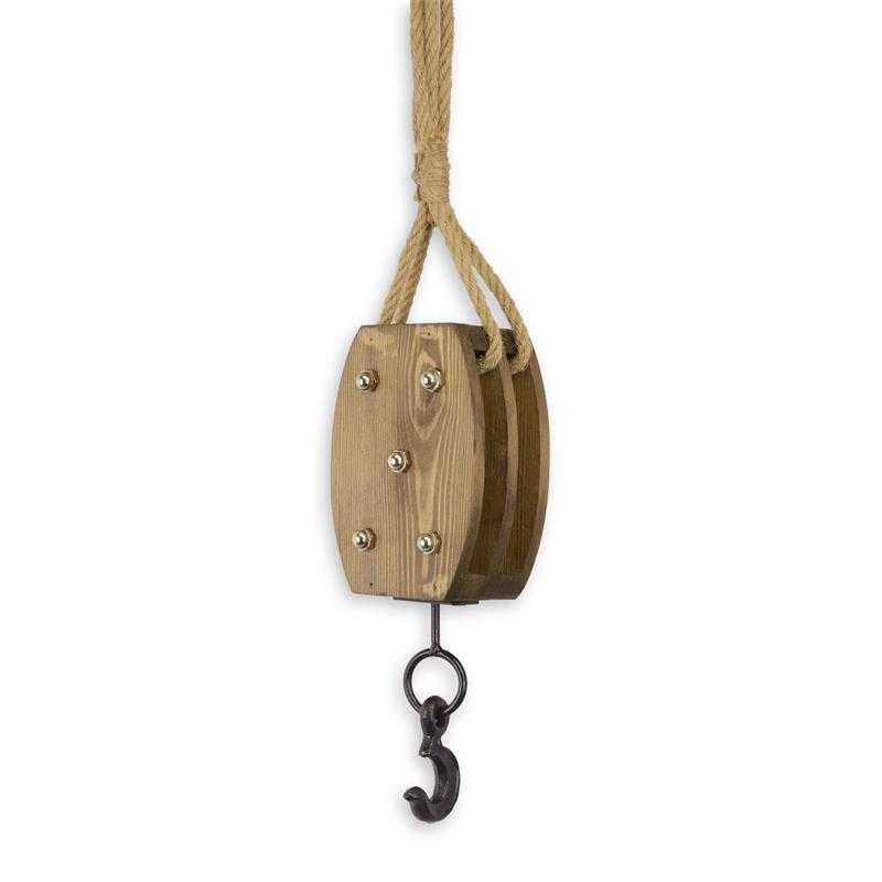 [LA-60156] Holz Umlenkrolle Seilrolle Flaschenzug Eisenhaken Hanfseil