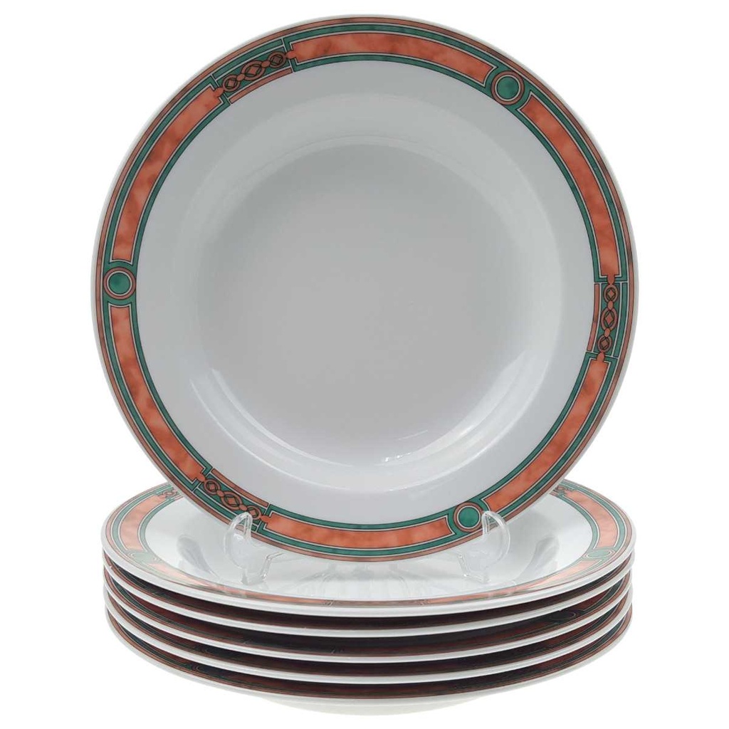 [100061] 6er Set Suppenteller Botticelli Design Grün Lachsrosa Dekor gebraucht - akzeptabel