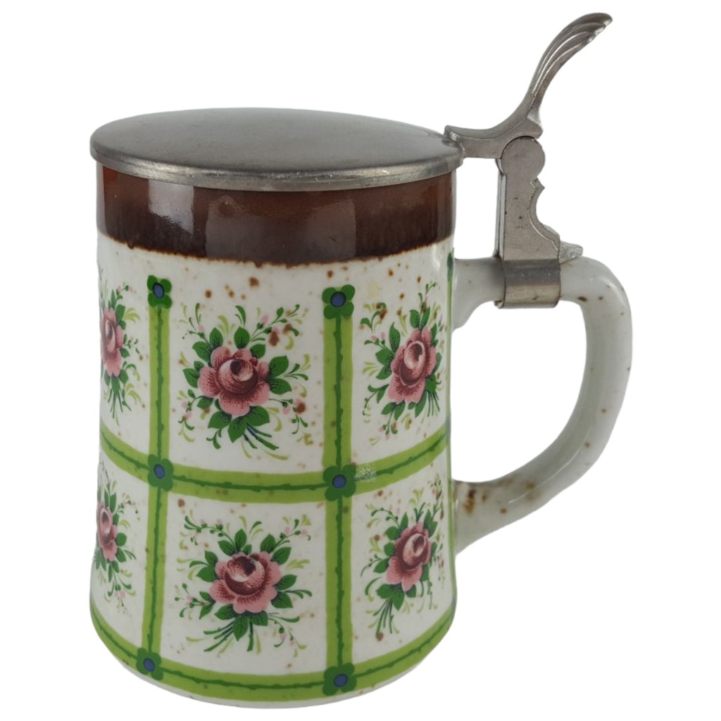 [458133238] BMF Bierkrug mit Deckel 0,5 L Blumendekor rosa grün braun