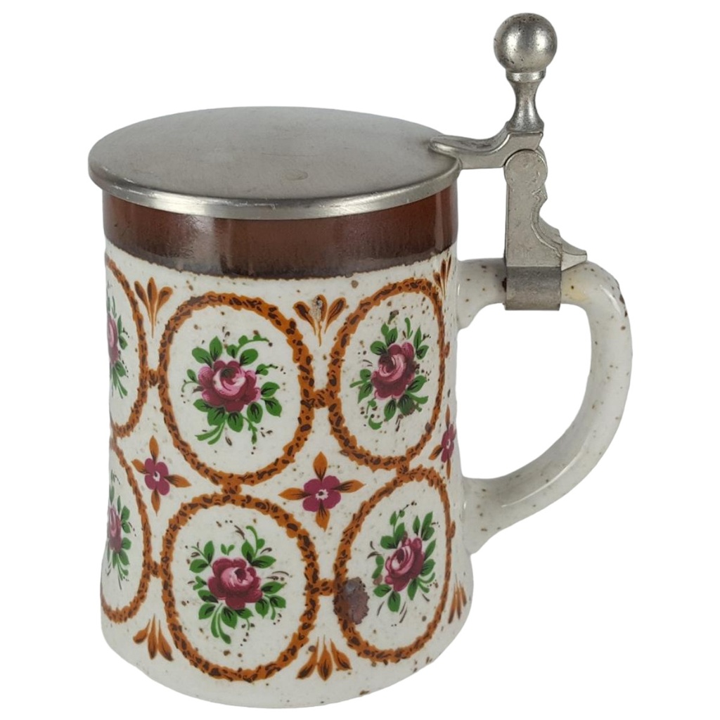 [458138189] BMF Keramik Bierkrug Bierseidel mit Zinndeckel Blumendekor H 16,2 cm