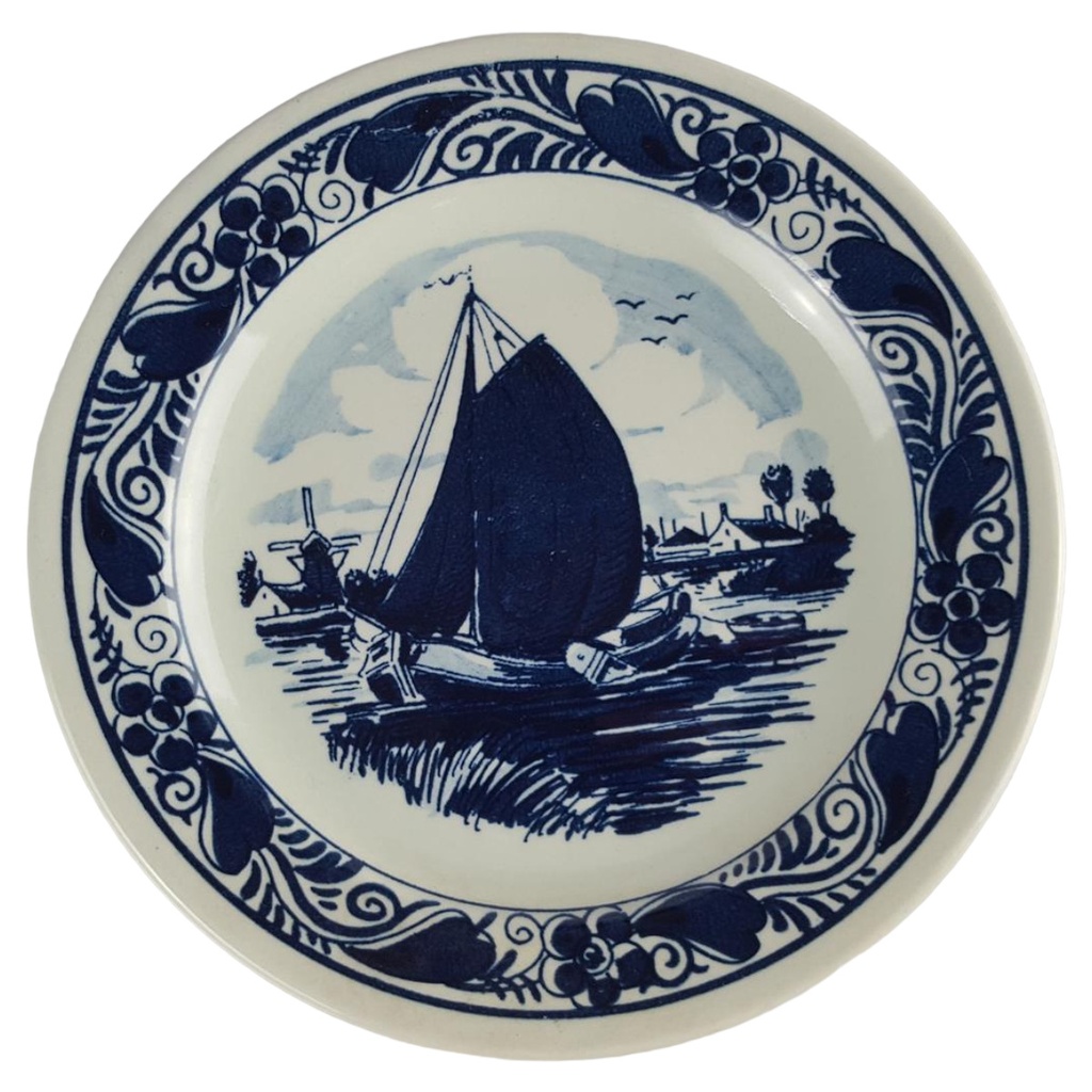 [458140614] Blauw Delfts Distel handgemalt Wandteller Segelboot Segelschiff D 16,2 cm