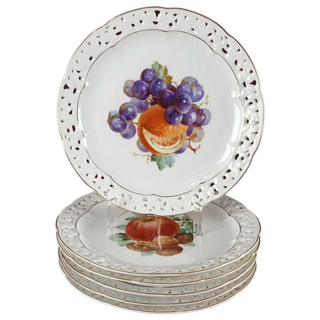 [458140748] 6er Set Kuchenteller Teller Golddekor Durchbrucharbeit 19,4 cm Waldershof Bavaria gebraucht - gut