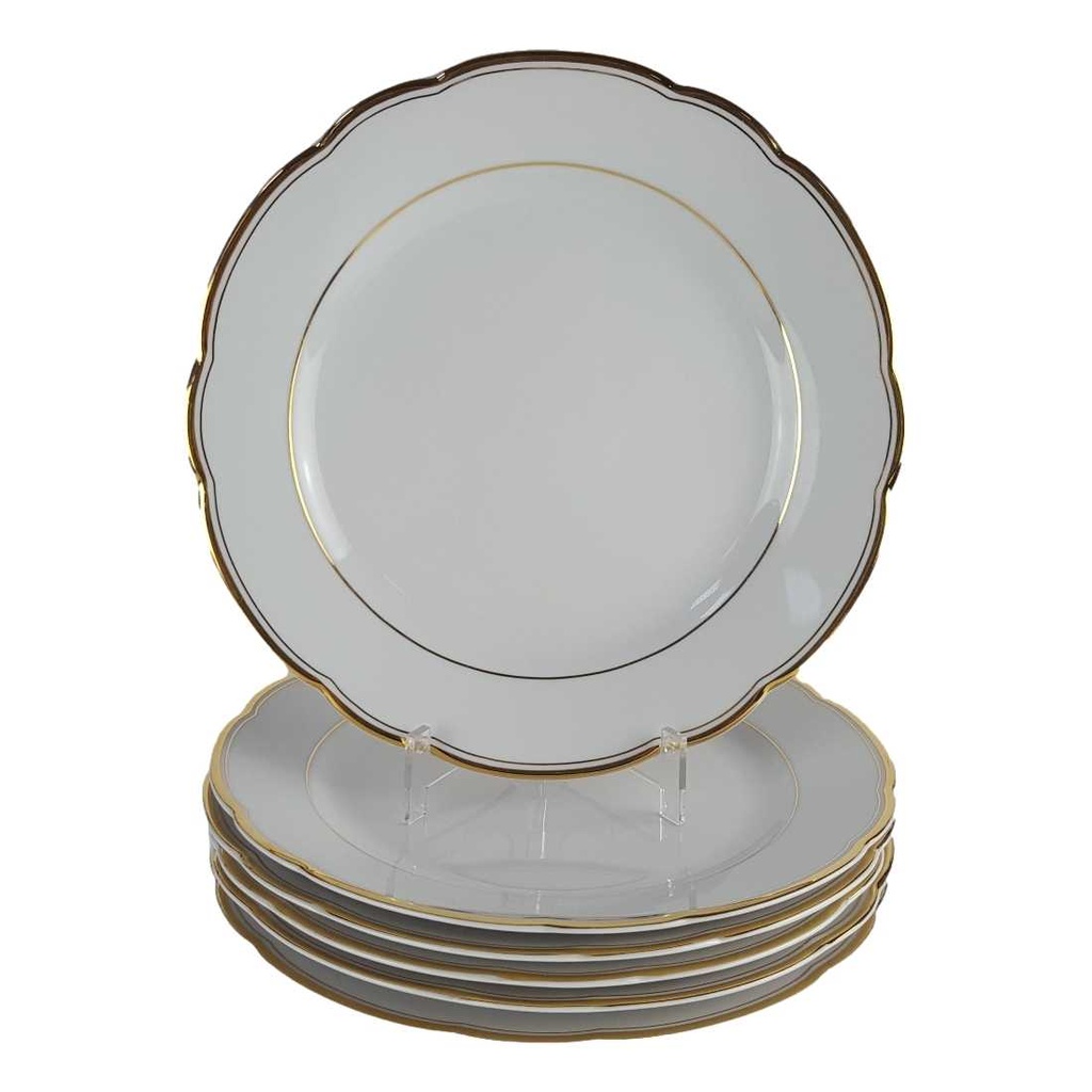 [458142495] 6er Set Speiseteller Essteller Goldrand 23,9 cm Triptis Porzellan weiß gebraucht - gut