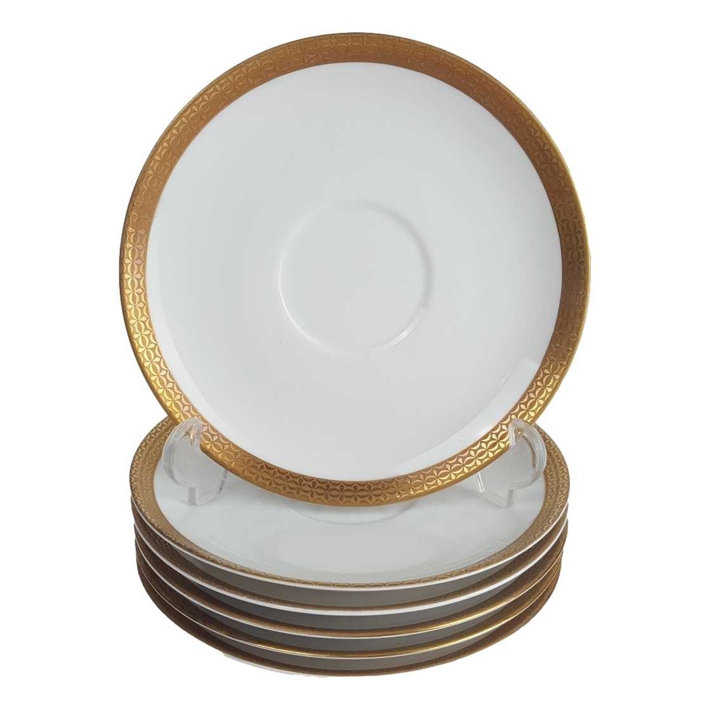 [458164158] 6er Set Untertasse Goldrand 14,4 cm Thomas Porzellan Unbekannte Formen Weiß gebraucht - sehr gut