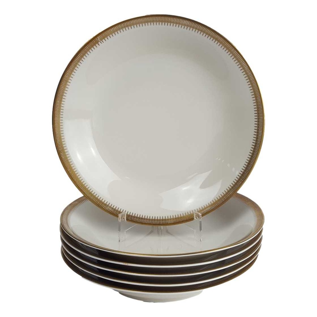 [458164328] 6er Set Suppenteller Goldrand Golddekor 22,3 cm Seltmann Weiden Vohenstrauß elfenbein 50 Beige gebraucht - gut