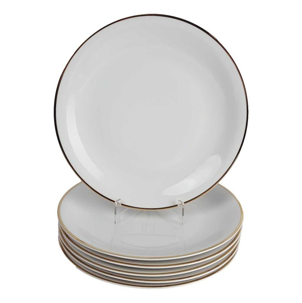 [458164344] 6er Set Speiseteller Essteller Goldrand 24,3 cm Seltmann Weiden Vohenstrauß weiß gebraucht - gut