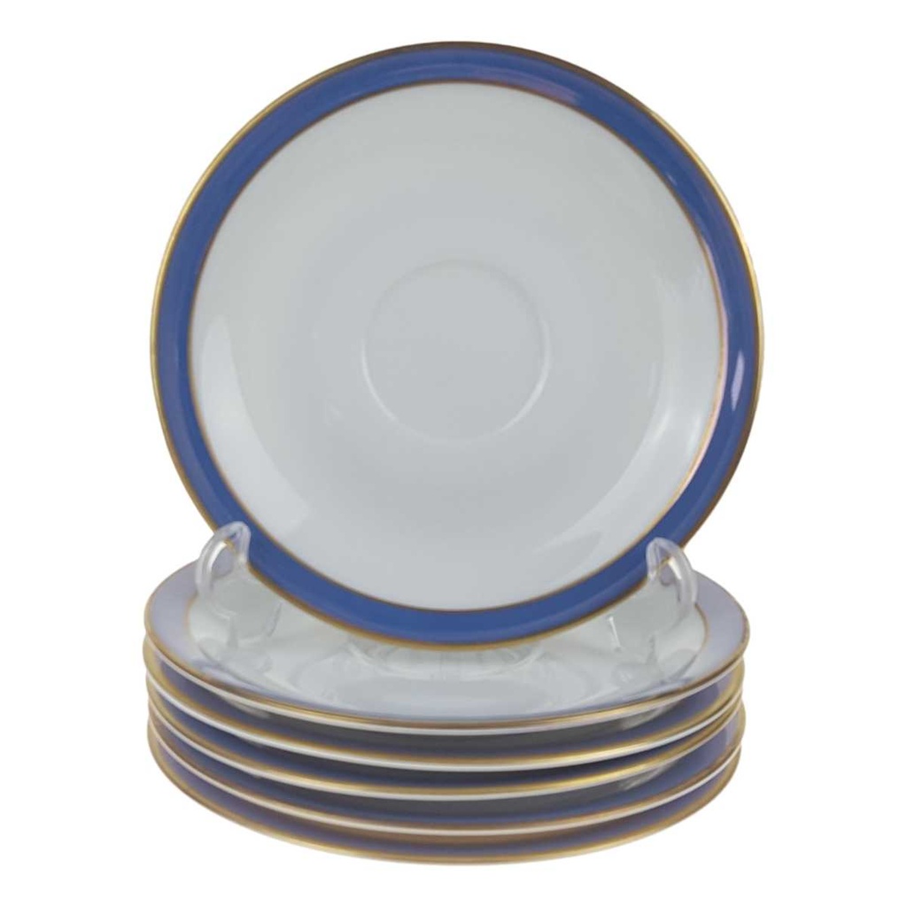 [458168266] 6er Set Untertasse Goldrand 14,9 cm Seltmann Weiden Vohenstrauß weiß Blau Dekor Blaudekor gebraucht - gut