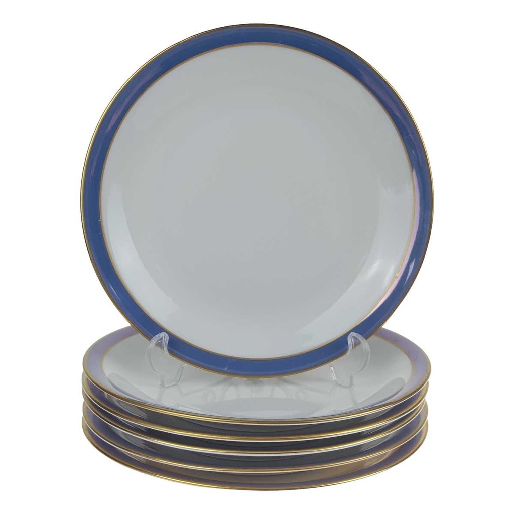 [458168267] 6er Set Kuchenteller Goldrand 19,3 cm Seltmann Weiden Vohenstrauß weiß Blau Dekor Blaudekor gebraucht - gut