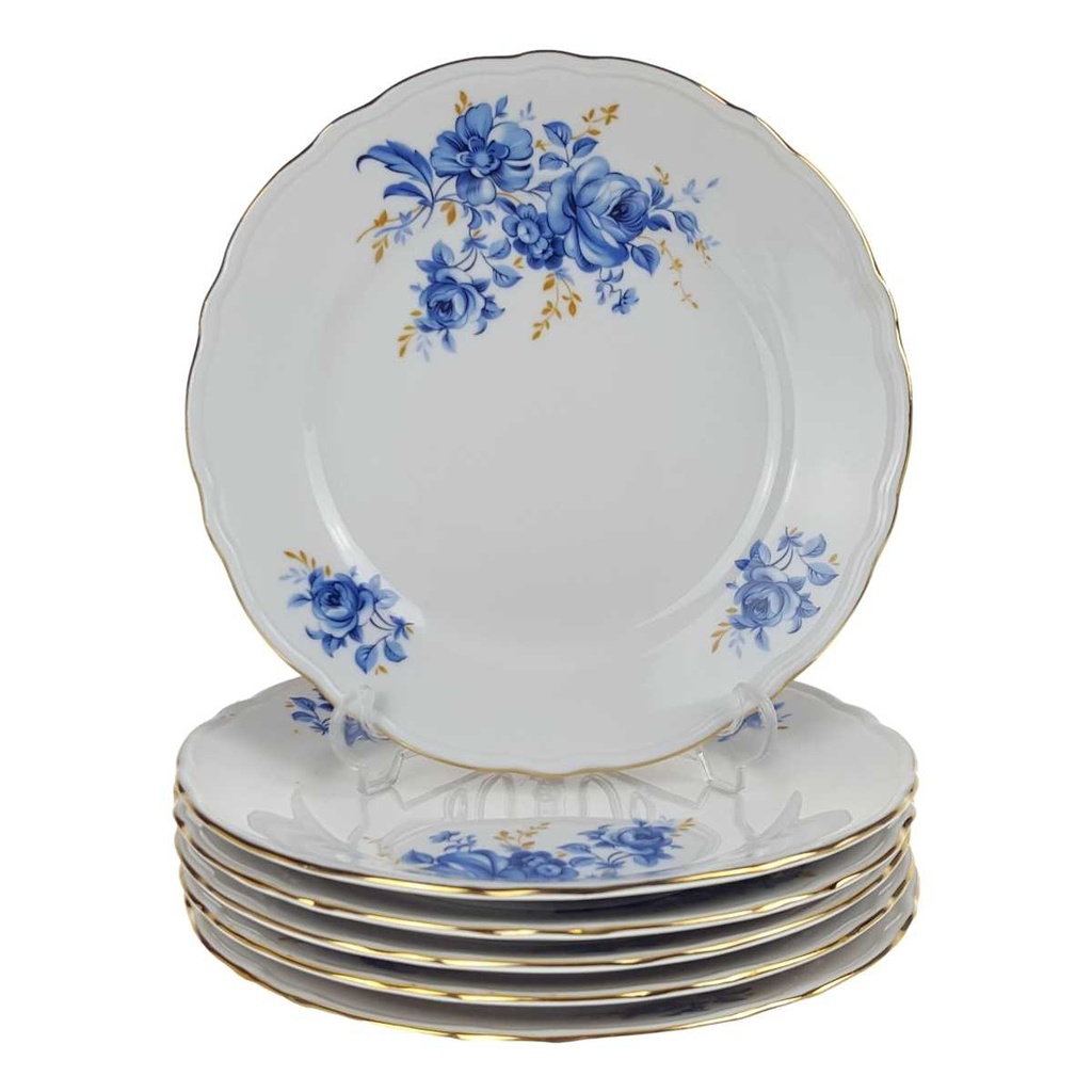 [458168378] 6er Set Kuchenteller Goldrand 19,8 cm Schaller blaue Blume weiß Blumen Bavaria gebraucht - gut
