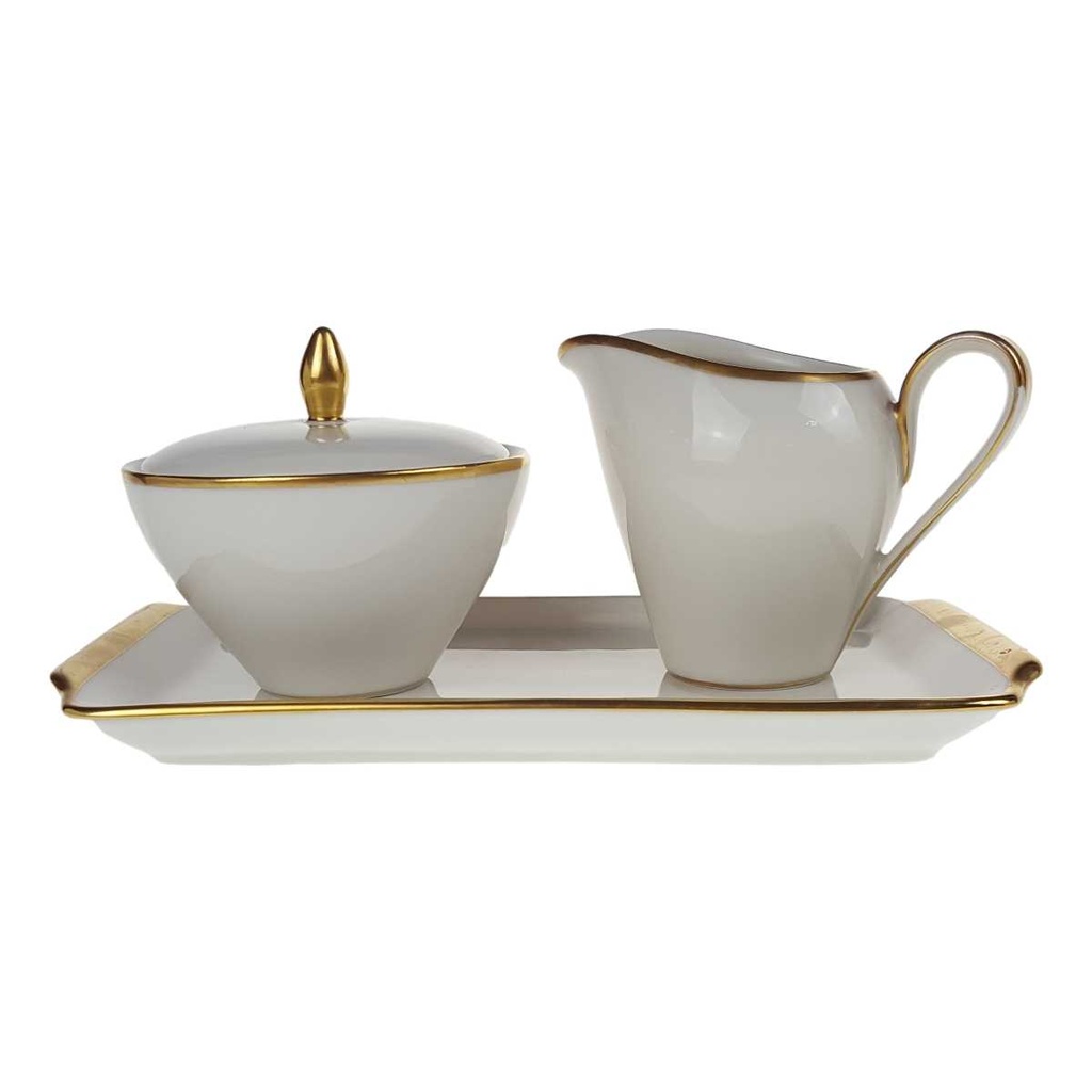 [458168411] 3er Set Zuckerdose und Milchkännchen Goldrand Eschenbach elfenbein Beige Tablett gebraucht - gut