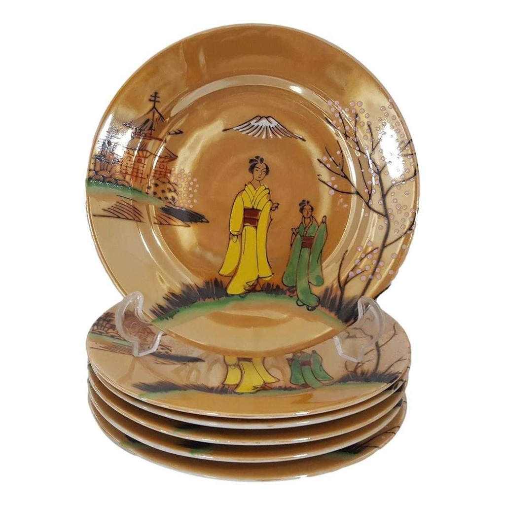 [458168491] 6er Set Kuchenteller 15,2 cm Japan China Geisha Gelb Grün gebraucht - defekt