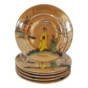 6er Set Kuchenteller 15,2 cm Japan China Geisha Gelb Grün gebraucht - defekt