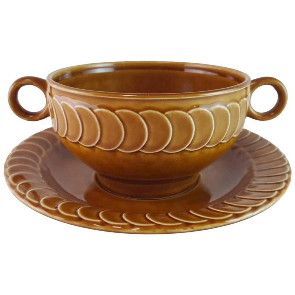 Suppentasse mit Untertasse Suppenbecher Pagnossin Earthenware braun Relief Kreise