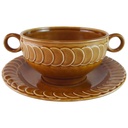 Suppentasse mit Untertasse Suppenbecher Pagnossin Earthenware braun Relief Kreise